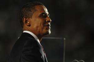 Democratic presidential nominee, Sen. Barack Obama, D-Ill., delivers his address during the final session of the Democratic National Convention at Invesco Field in Denver, Thursday, Aug. 28, 2008. (AP Photo/Charles Dharapak)