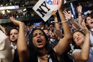 The New York delegation celebrates after Democratic presidential candidate, Sen. Barack Obama, D-Ill., was officially nominated as the Democratic presidential candidate during the Democratic National Convention in Denver, Wednesday, Aug. 27, 2008. (AP Photo/Charles Dharapak)