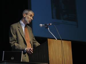 Ted Steinberg speaks on the political side of "Can Capitalism Save the Planet" on Thursday, Sept. 25, 2008, in the Ames City Auditorium at 520 6th St. A focus of the lecture was on the group, Keep America Beautiful, and their accomplishments improving the environment. Photo: Angela Hettinger/Iowa State Daily