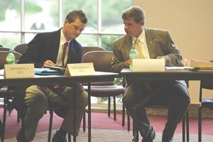 Nathan Rockman, senior in political science, and Mitch Hayek, graduate in political science, converse during the GSB meeting Wednesday September, 3, 2008 in the Campanile room. Photo: Rashah McChesney/Iowa State Daily