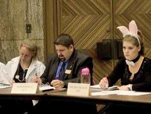 GSB members listen to Roberta Johnson speak about the financial aid plan of the University at their meeting on Wednesday, October 29. Certain representatives were dressed for halloween activities occurring across campus.