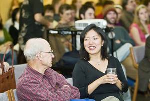 Felicia Wu, an assistant professor of environmental and occupational health at the University of Pittsburgh, speaks to an audience member Thurs., Oct. 16, 2008 in the Sun Room of the Memorial Union. Wu’s lecture, “Environmental and Health Risks Associated with Corn-Based Ethanol Production”, focused on how ethanol production can produce a win-win solution when it comes to the environment. Photo: Jacob Dickey/Iowa State Daily