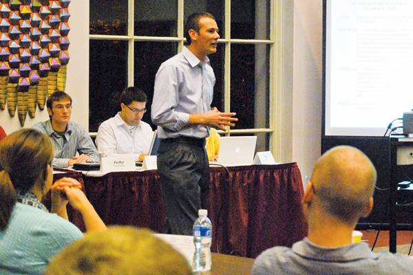 Daniel Fischer at the Graduate and Professional Student Senate meeting in the Cardinal Room of the Memorial Union at 7pm on Monday. Photo: Christine Naulty/Iowa State Daily.