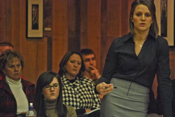 Elisa Berzins at the GSB meeting in the Pioneer Room of the Memorial Union on Wednesday. Berzins spoke about a proposed 1 credit online financial planning class. Photo: Christine Naulty/Iowa State Daily.