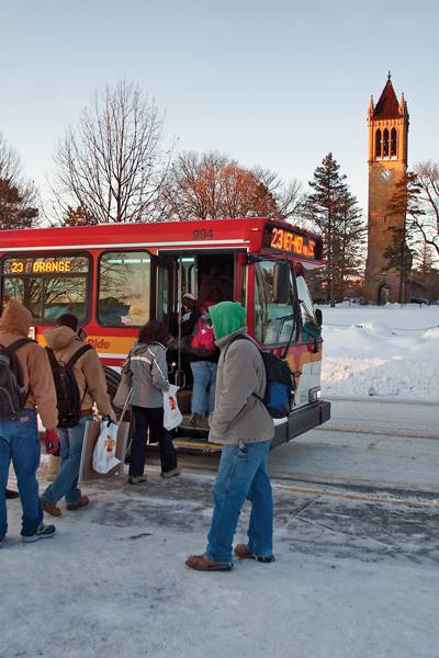 CyRide was a popular choice on Wednesday for students trying to stay warm, traveling in the negative double-digit temperatures. Photo: Benjamin Brabant/Iowa State Daily