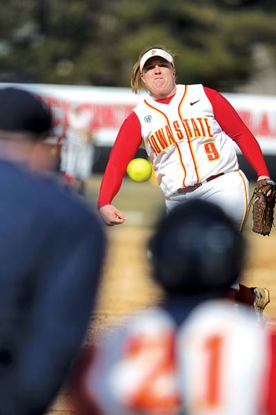 Iowa State’s Rachel Zabriskie launches a pitch on April 1, 2008. Iowa State opens the season with the Bradley Invitational this weekend, opening againts IUPUI. File Photo: Josh Harrell/Iowa State Daily