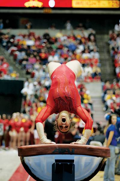 Iowa State's Ceilia Maccani makes her second attempt on the vault against Minnesota on Friday at Hilton Coliseum. Iowa State won 194.600-191.475 over Minnesota. Photo: Shing Kai Chan/Iowa State Daily