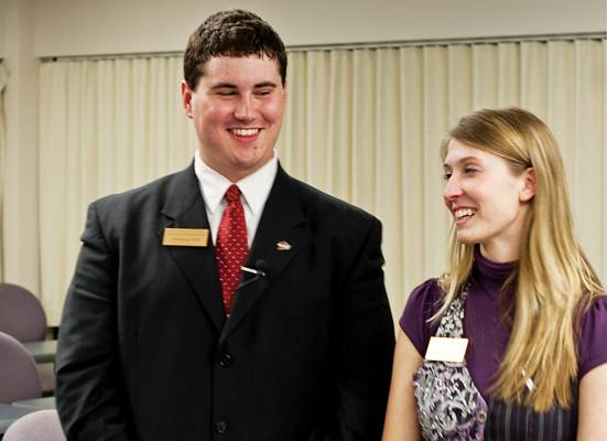 Government of the Student Body speaker of the senate Jon Turk, junior in political science, and Campustown senator Chandra Peterson, junior in political science, react to the announcement that they are the new president and vice president of GSB Thursday in Carver Hall. Photo: Benjamin Brabant/Iowa State Daily.