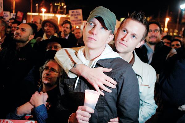 Qurt Lee, left, and Shaun Meoak embrace during a rally against Proposition 8 outside City Hall in San Francisco on March 8. With same sex marriage just legalized in Vermont and Iowa, those on both sides of the issue are debating the implications for California’s latest pitched battle. Photo: Marcio Jose Sanchez/Associated Press