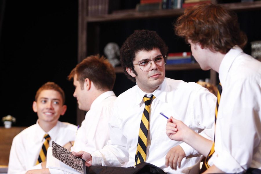 Nick Toussaint, from Drake, and Matt Oleson, from Drake, acts out thier play as a senior student during the History Boys rehearsal in Fisher Theater on Tuesday, August 25, 2009. Photo: Shing Kai Chan/Iowa State Daily