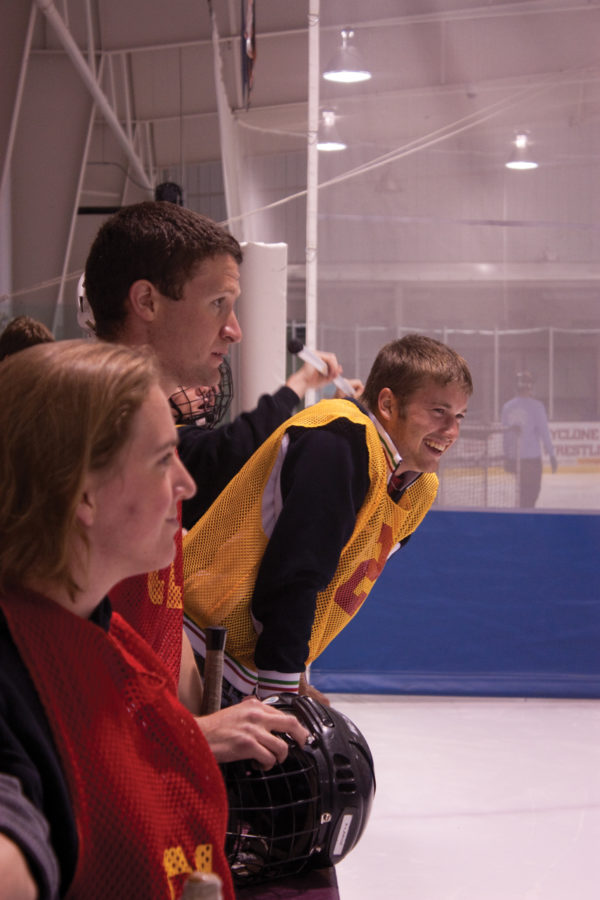 Patrick Mesick watches as his team, Teasdale Zone, plays broomball on Monday at the Ames/ISU Ice Arena. According to ISU Recreation Services, broomball is one of the most popular intramural sports offered during the summer sessions.