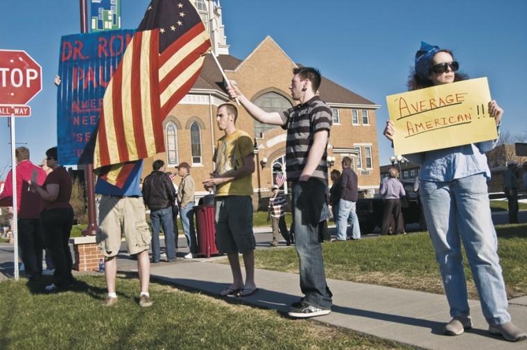 Protesters demonstrate outside of the post office Wednesday, April 15, 2009, on Kellogg Street. The protesters were proclaiming the need to limit governmental power back to how the Constitution originally defined it.