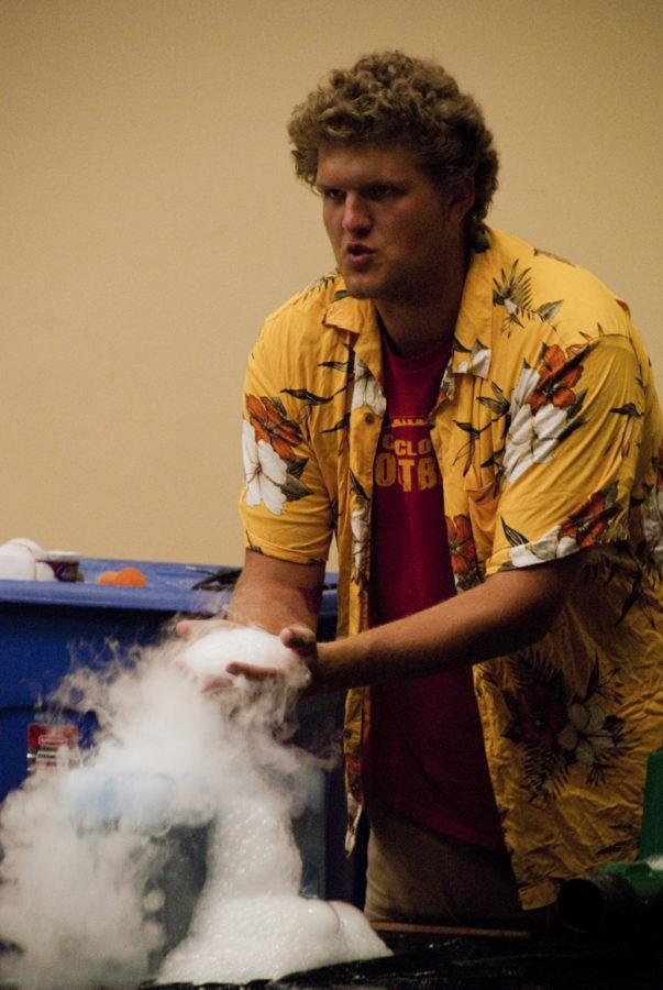 Chance Mitchell with Mad Science of Central Iowa performed Wednesday at the Ames Public Library. Mad Science puts on shows at libraries to tie in with the summer reading programs. 