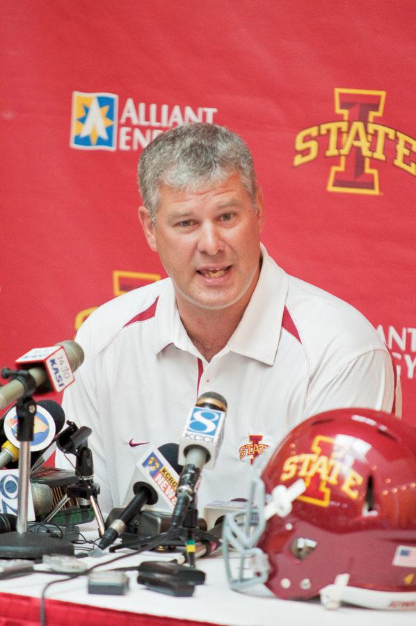 ISU football coach Paul Rhoads speaks at a media day press conference on Aug. 4 at the Jacobson Building.