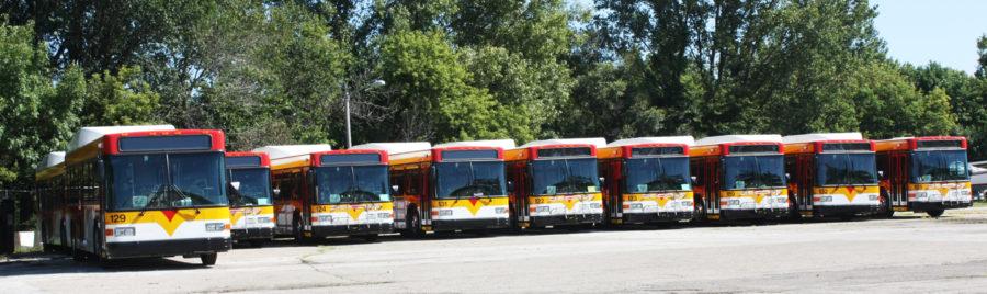 CyRide buses parked across the street from Frederiksen Court on Wednesday, Aug. 11, 2010. The buses have been moved from the CyRide garage due to flooding.