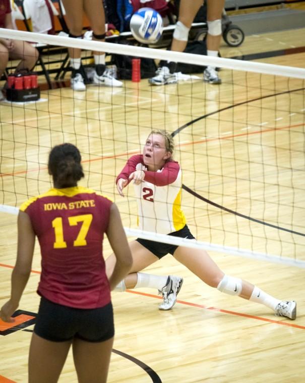 Defensive specialist and libero Ashley Mass digs the ball Saturday at the Cardinal and Gold Scrimmage.
