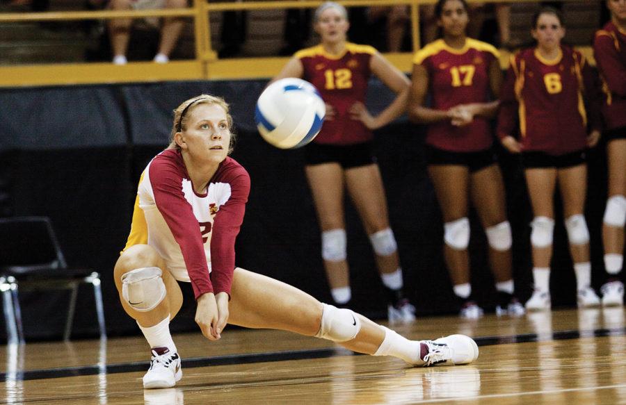 Defensive specialist and libero Ashley Mass digs the ball during a match against Iowa on Friday, Sept. 10. 