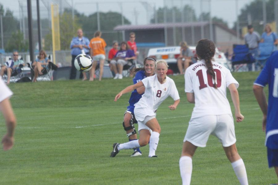 Erin Green, freshman midfielder, looks at the ball as it flies by her during the Iowa State-Drake match Friday, Aug. 20 in Ankeny. The game ended in a tie.