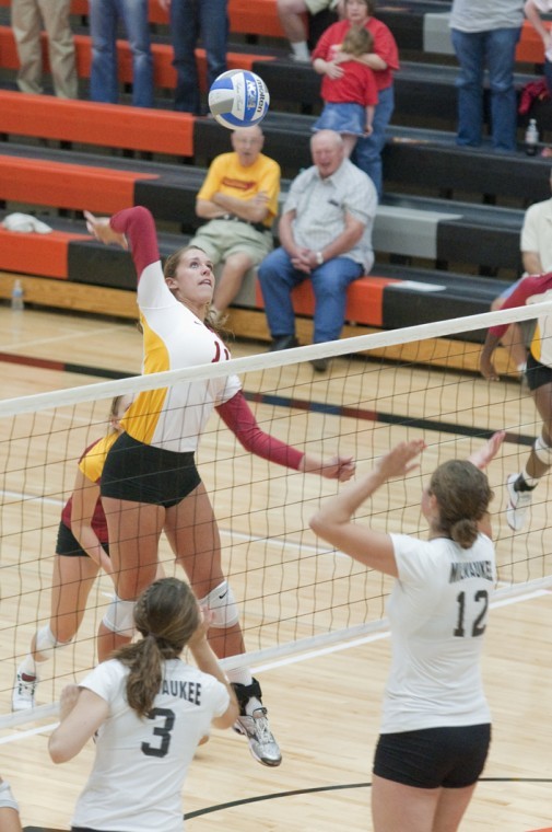 Middle blocker and right-side hitter Taylor Knuth goes for a kill to finish the second set against UW-Milwaukee on Friday, Sept. 3 at Ames High. The Cyclones swept the Panthers 3-0.