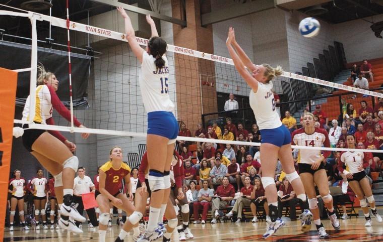 Iowa States Kelsey Petersen hits the ball against South Dakota State during the game against the Jackrabbits on Saturday, Sept. 4.  The Cyclones won in a sweep, 3-0.  