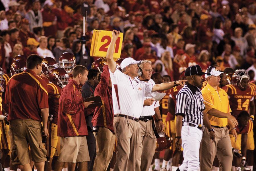 Coach Paul Rhoads directs his players during the Thursday, Sept. 2 game against Northern Illinois University. The Cyclones defeated the Huskies 27-10.