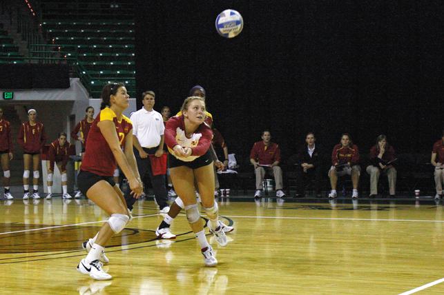 Outside hitter Carly Jenson runs to bump the ball back to Bears side of the net during Wednesdays game at Baylor. Jenson had 15 kills to aid in the Cyclones 3-1 victory over the Bears.