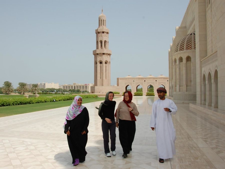 American Sarah Shourd, second from right, tours the Sultan Qaboos Grand Mosque on Saturday, Sept. 18 in Muscat, Oman. She was accompanied by her mother, her uncle and Omani guides. Shourd addressed journalists before leaving Oman for the United States. She thanked the Omani people for helping win her release from Iran.