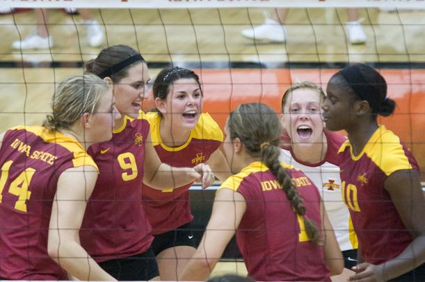 Players celebrate after a kill against North Dakota State on Friday, Sept. 3 at Ames High. The Cyclones beat the Bison 3-1 in their second game of the Iowa State Challenge.