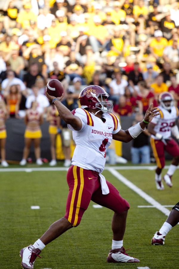 Quarterback Austin Arnaud passes the ball during the first half of the game against the Iowa Hawkeyes on Saturday.  The Hawkeyes defeated the Cyclones with score 0f 35-7.