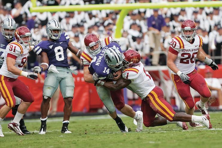 Iowa States David Sims goes for a tackle against Kansas State on Sept. 18 at Arrowhead Stadium.