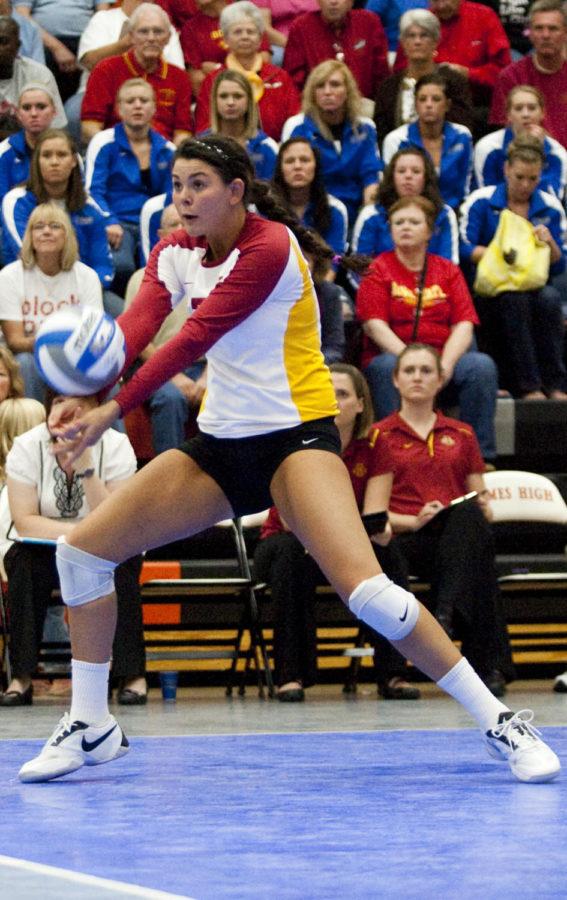 Defensive+specialist+Caitlin+Mahoney+bumps+the+ball+during+the+game+against+Texas+Tech+on+Wednesday+at+Ames+High.+Mahoney+had+nine+digs+to+help+the+Cyclones+win+in+a+three-game+sweep+against+the+Red+Raiders.
