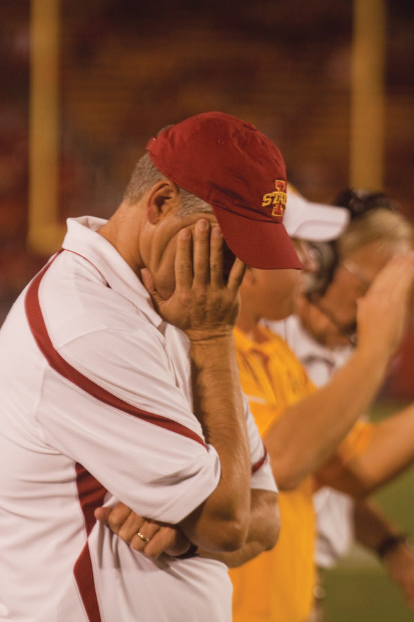Coach Paul Rhodes reacts during the fourth quarter of Saturdays game aganst Utah. The Cyclones lost to the Utes 68-27.