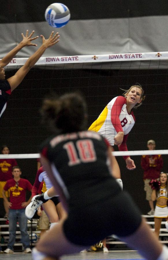 Right side hitter Kelsey Petersen spikes the ball to Texas Tech territory during the game Wednesday at Ames High. Petersen had six kills to help the Cyclones defeat the Red Raiders in a three-game sweep.