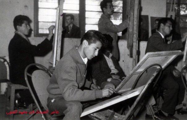 A young Amer al-Obaidi paints in Baghdad. Amer earned his bachelor degree in painting at the Institute of Fine Arts in Baghdad.