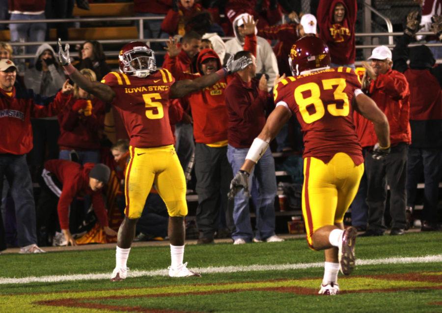 Defensive back Jeremy Reeves celebrates after returning an onside kick for a touchdown on Saturday, Oct. 2. Iowa State defeated Texas Tech 52-38.