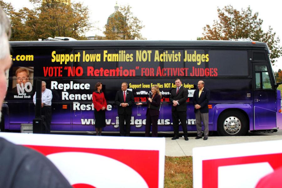 Rep. Steve King, R-Iowa, co-authored the Iowa Defense of Marriage Act which passed in 1998; it was overturned in 2009 by the state Supreme Court. King joined a statewide bus tour Monday at the kick-off rally in Des Moines, encouraging Iowans to vote no on the retention ballot.