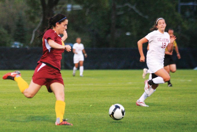 Midfielder Emily Goldstein drives the ball against Oklahoma on Friday, Oct. 1 at the ISU Soccer Complex.
