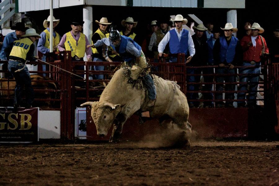 Matt Wznick, from Dickinson State University in North Dakota, rides a bull at the 48th annual Cyclone Stampede Rodeo on Friday, Oct. 1 at the Iowa State Rodeo Arena.