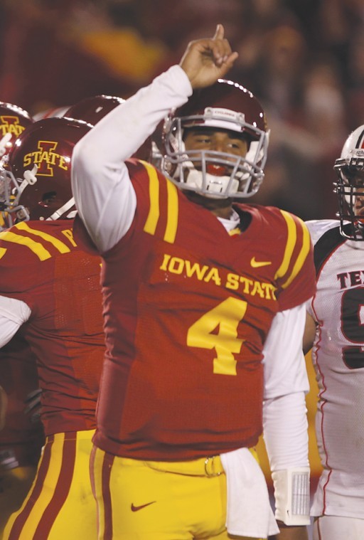 Quarterback+Austin+Arnaud+celebrates+a+touchdown+during+the+Iowa+State+vs.+Texas+Tech+game+on+Saturday.+The+Cyclones+defeated+the+Red+Raiders+52-38.