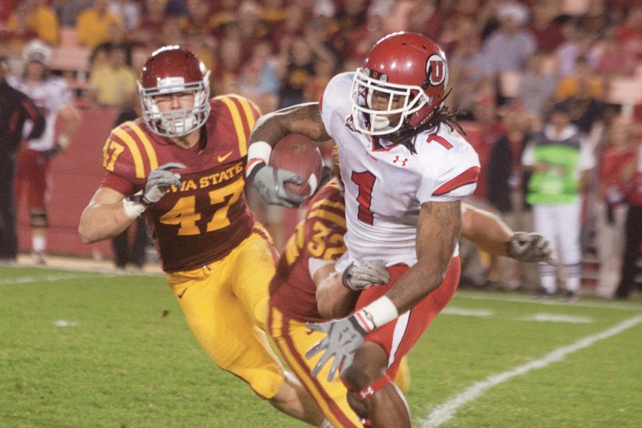 Linebacker A.J. Klein attempts to take down Utah wide reciever Shaky Smithson during Saturdays game against the Utes. The Cyclones were defeated 27-68.
