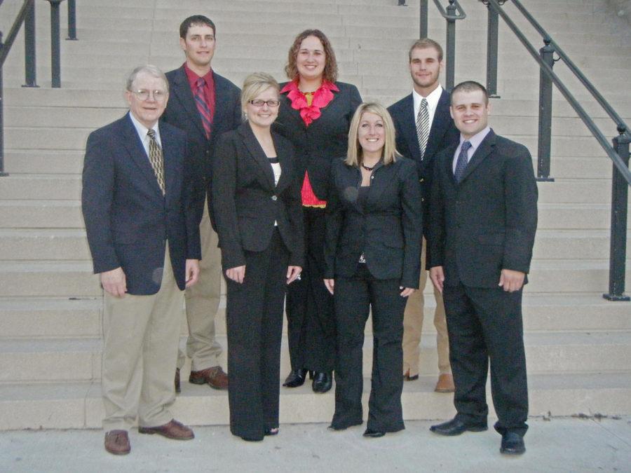 The executive officers of the Block and Bridle Club pose for a picture. Block and Bridle is a popular club for the animal sciences, which hosts several animal shows per year as well as fundraising and community service. Courtesy photo: Block and Bridle Club.

The Block and Bridle Club. Front Row - Dr. Phillip Spike (Advisor), Danielle Holmes (Secretary), Alle Buck (Ag Council Representative), Ben Schmaling (Treasurer). Back Row - Brandon Ledger (Vice President), Beth Baudler (President), Charlie Hild (Sergaent at Arms).