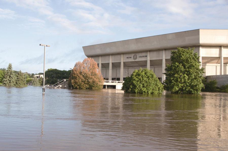 Hilton Coliseum surrounded by flood waters on Aug. 10, 2010.