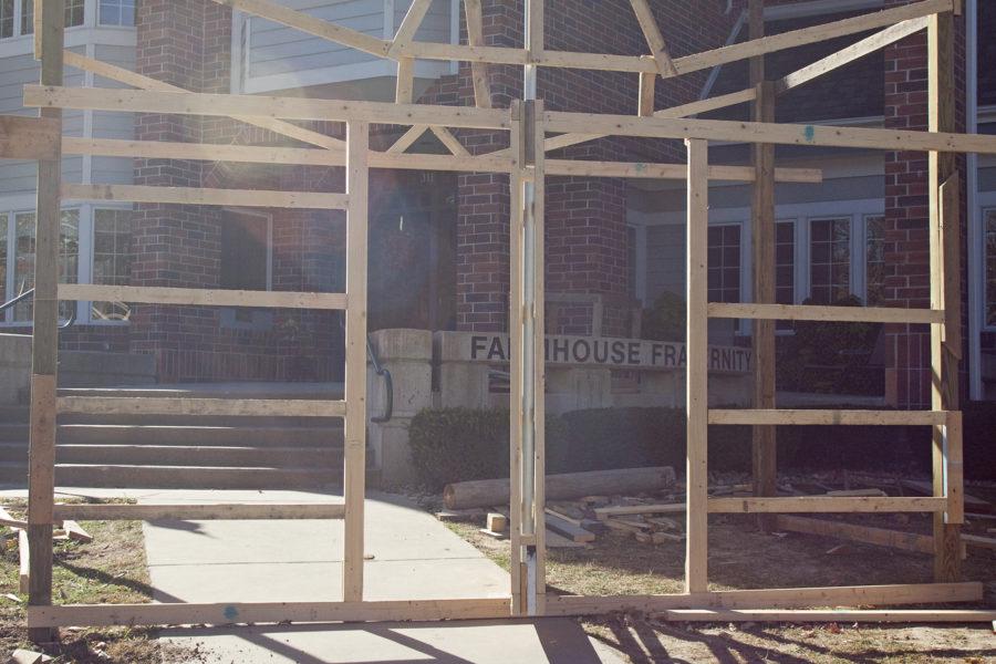 FarmHouse continues to build up their lawn displays Thursday, Oct. 21. Work will conclude and the show will begin the Friday of Homecoming, with other activities that day such as Pep Rally, fireworks and mass Campaniling.