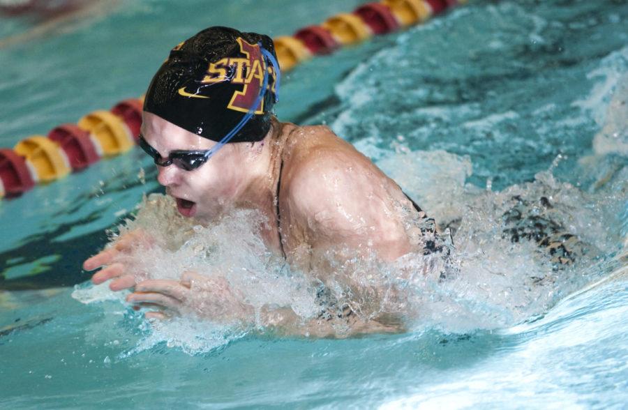 ISUs Tiana Wollin competes in the 100-yard freestyle event on Saturday, Oct. 23.  The Cyclones beat Nebraska-Omaha 101-64.