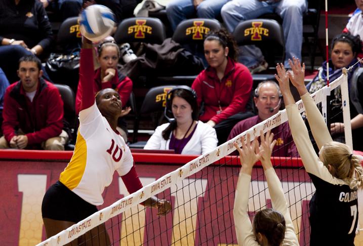 Iowa States Victoria Henson spikes the ball to Colorado during the Cyclones match against the Buffaloes on Tuesday, Nov. 16 in Hilton Coliseum. The Cyclones won in a three-game sweep.