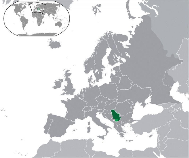 Location of Kosovo (dark green),  Serbia (darker grey) on the European continent.
