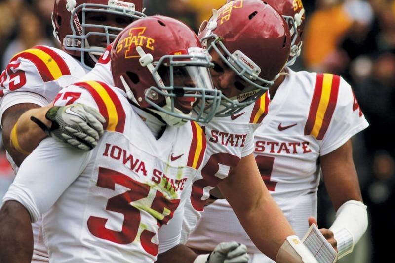ISU running back Alexander Robinson and tight end Collin Franklin, both seniors, celebrate after scoring a touchdown against Colorado. Robinson, Franklin and the rest of the ISU seniors will be playing their final game at Jack Trice Stadium on Saturday against Missouri.