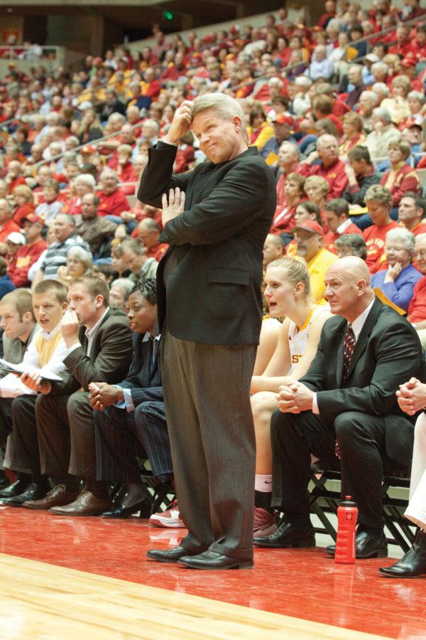 Coach Bill Fennelly reacts to the Cyclone defense during the exhibition game versus Minnesota State on Nov. 4 at Hilton Coliseum.