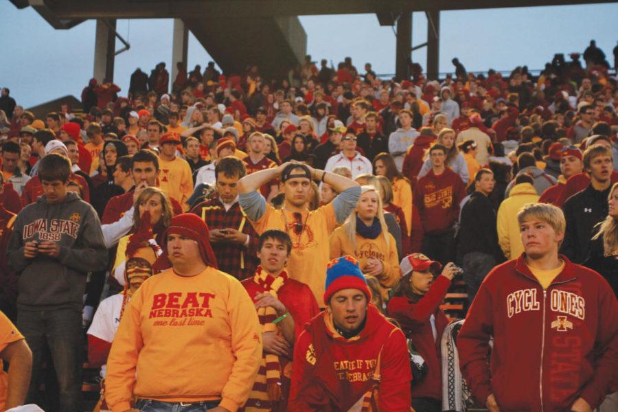 Cyclones+fans+are+left+speechless+after+quarterback+Austen+Arnaud+throws+an+interception+that+resulted+in+the+Huskers+31-30+victory+over+the+Cyclones+in+overtime.