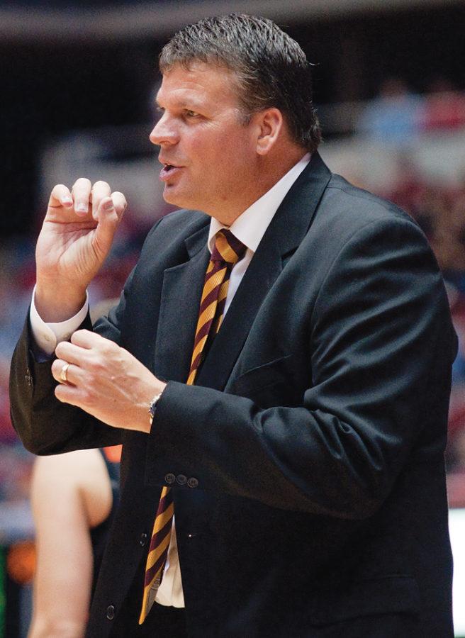 Former Iowa State Coach Greg McDermott reacts to a play during a game against Idaho State Nov. 13, 2009, in Hilton Coliseum. The Cyclones take on Creighton, McDermotts new team, on Sunday.